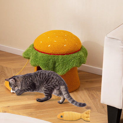 Cute Hamburger Cat Bed with Padded Top and Removable Washable Cushion-Orange