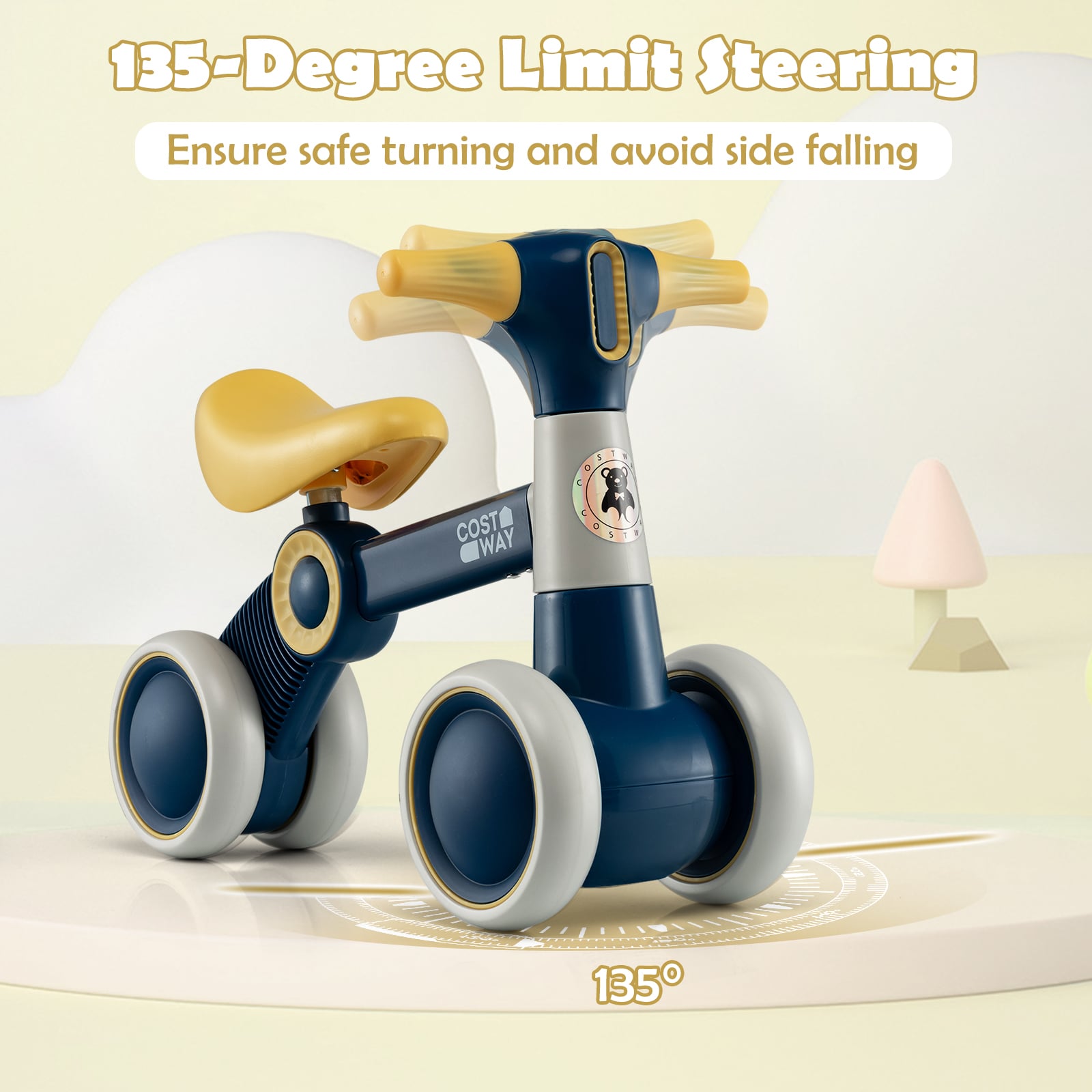Cute Baby Balance Bike 4 Wheels with Steering Handlebars No Pedal-Yellow