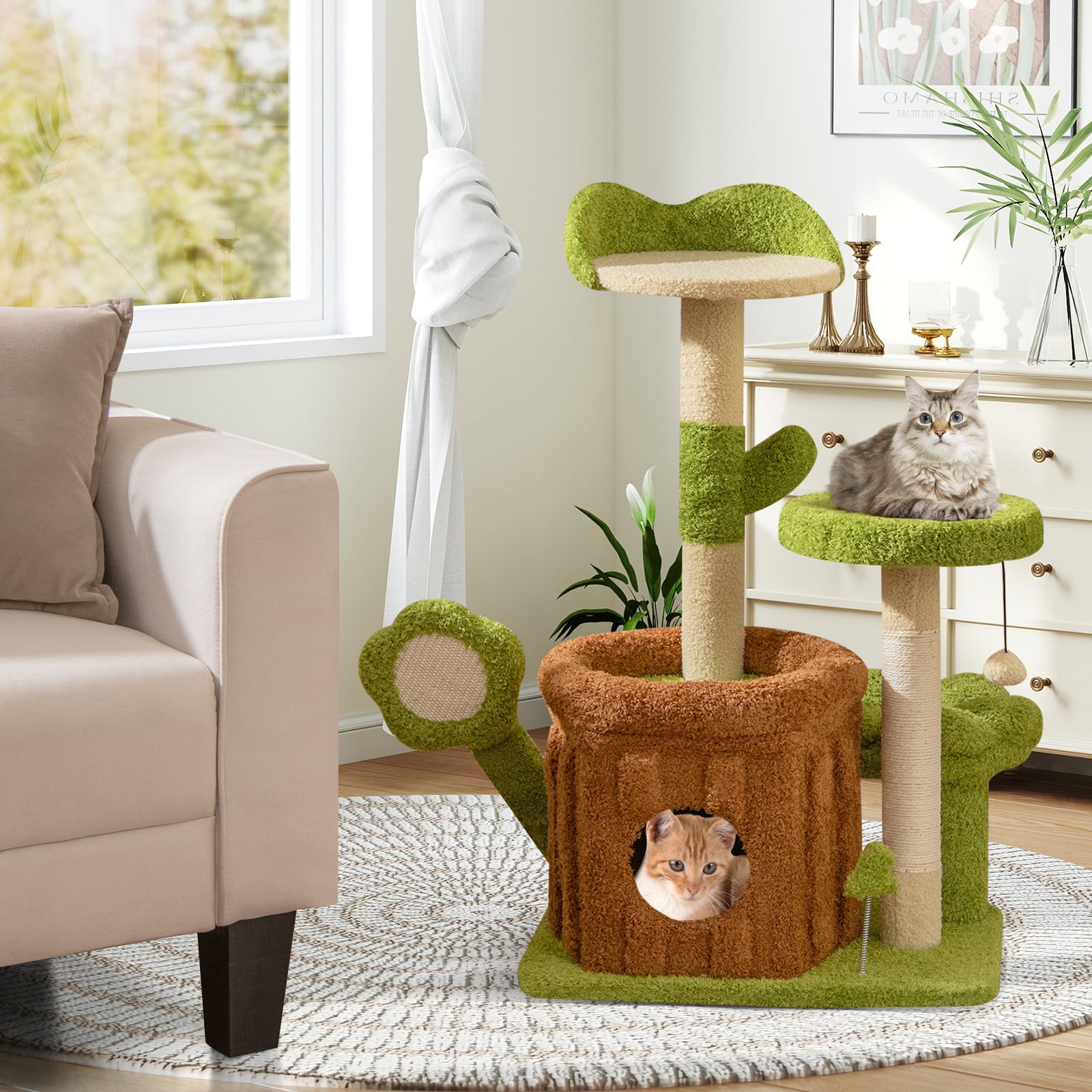 Cute Cat Tree for Adult Cats Indoor Pet Jungle Activity Center-Green