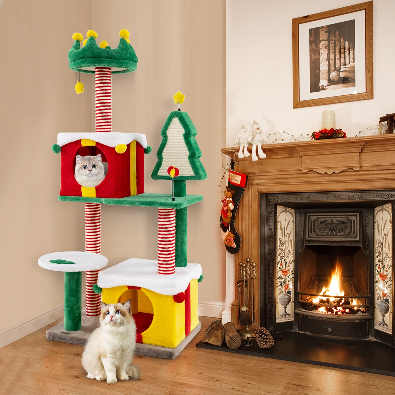 Cute Christmas Cat Tree Large Cat Tower with Sisal Scratching Posts and Carpe-Multicolor
