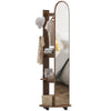 HOMCOM 2-in-1 Full Length Mirror with Storage Shelves, Floor Mirror with 4 Wheels, Coat Rack, Hooks, Brown Wood Effect