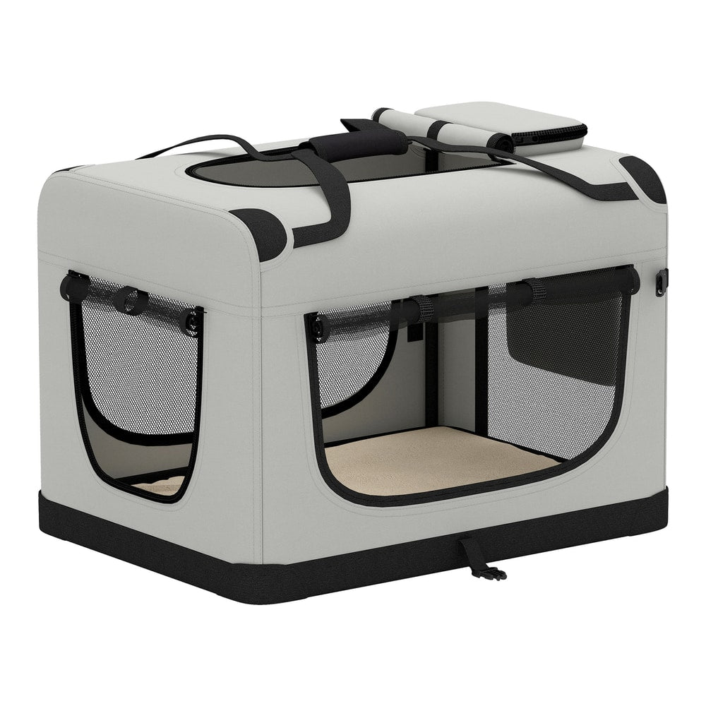 PawHut Pet Carrier Bag, Soft-Sided Dog Carrier with Security Buckle Strap, Washable Cushion and Folded Bowl, Light Grey