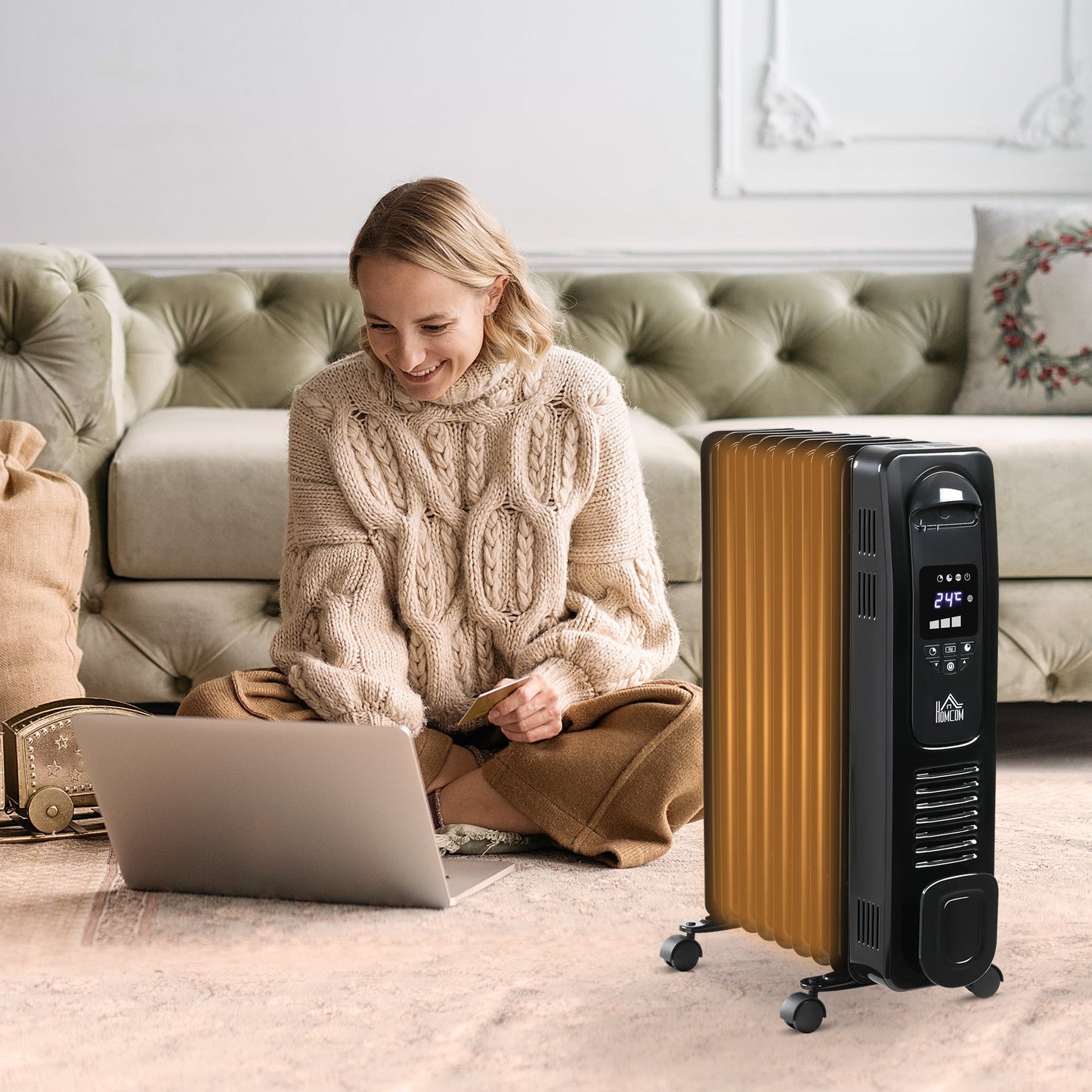 جهاز تدفئة زيتي رقمي من HOMCOM بقوة 2000 واط، 9 ريشات، سخان كهربائي محمول بشاشة LED، مؤقت، 3 إعدادات للحرارة، قطع آمن للكهرباء وجهاز تحكم عن بعد، أسود