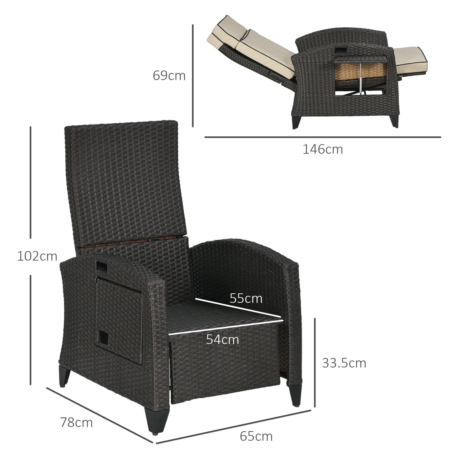 Outsunny Outdoor Recliner Chair with Adjustable Backrest and Footrest, Cushion, Side Tray, Khaki/Brown