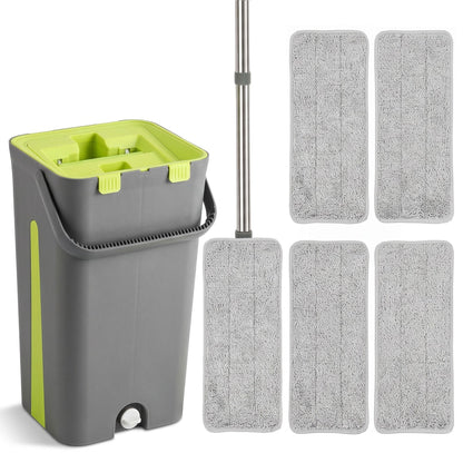 HOMCOM Mop and Bucket Set, Compact Flat Mop System with Wringer, 2 Chambers, 5 Reusable Pads, Dark Grey and Green