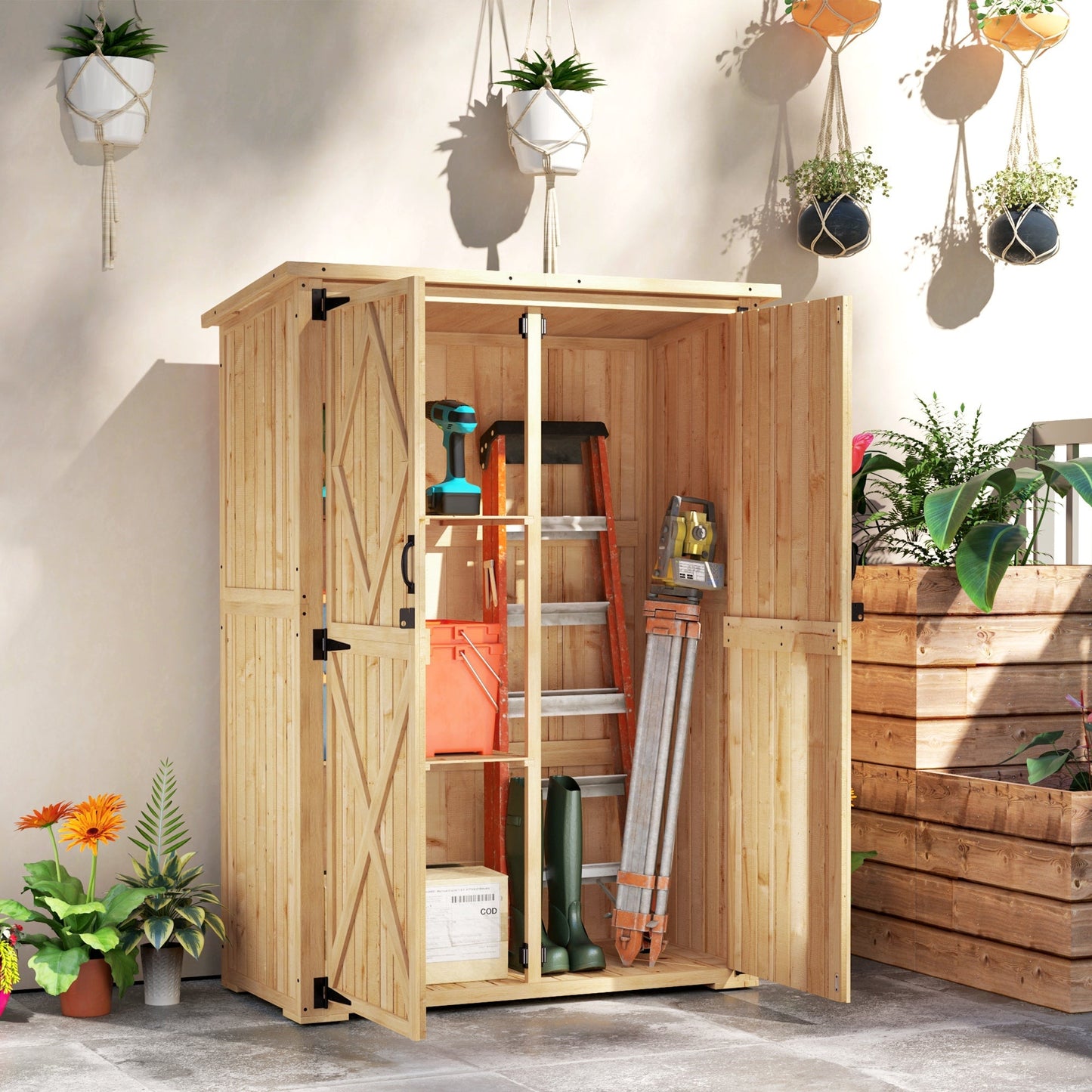 Outsunny Wooden Garden Storage Shed, Tool Storage Cabinet with Asphalt Roof and 2 Shelves for Garden Tools, Equipment, Outdoor Tool Shed with Double Doors, Natural