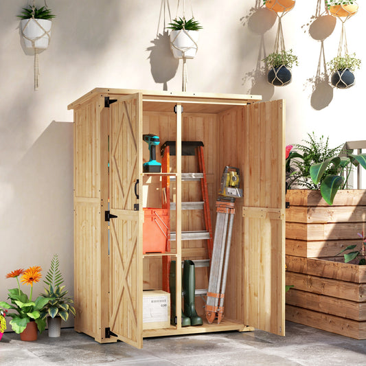 Outsunny Wooden Garden Storage Shed, Tool Storage Cabinet with Asphalt Roof and 2 Shelves for Garden Tools, Equipment, Outdoor Tool Shed with Double Doors, Natural