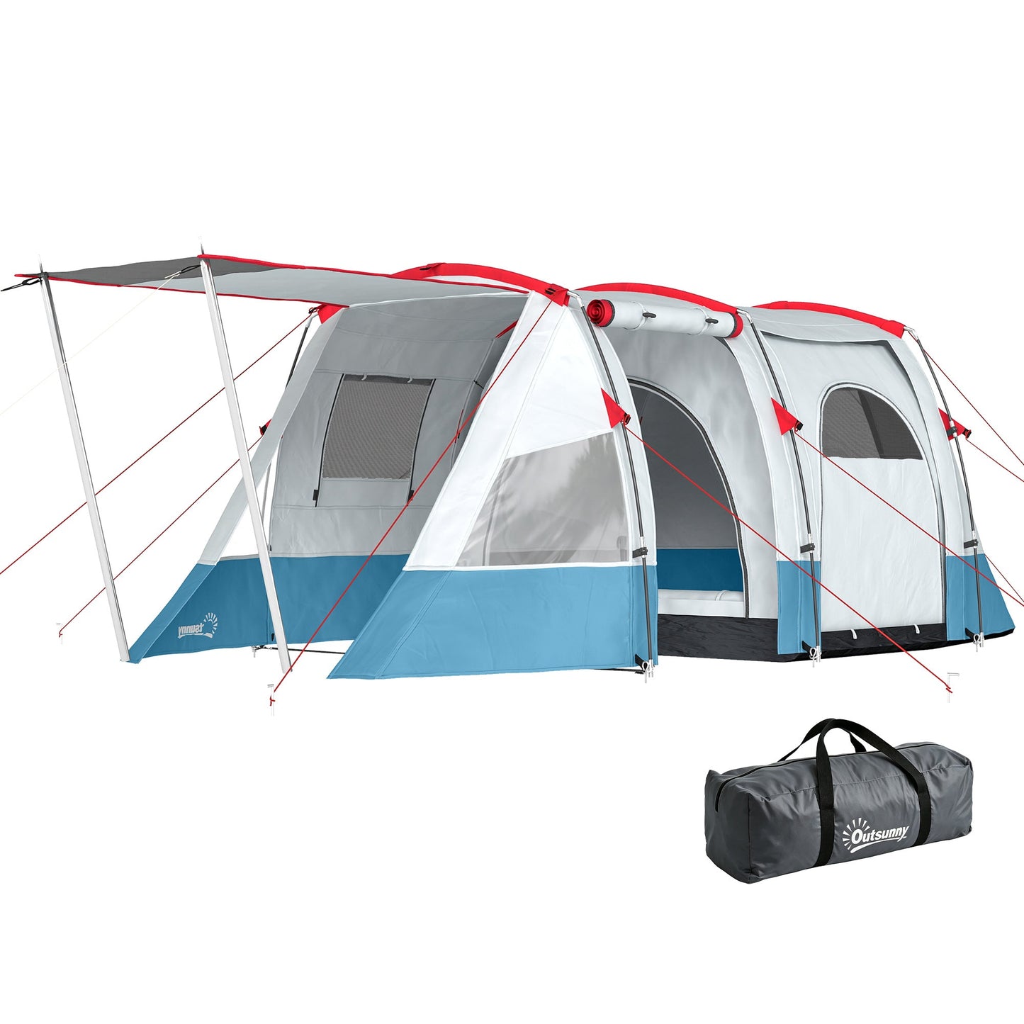 Outsunny 3 Person Tunnel Tent, Large Camping Tent with Bedroom, Living Room, Sewn-in Floor, 3 Doors, Carry Bag, 2000mm for Fishing, Hiking, Sports, Travelling, 510L x 240W x 180H cm, Blue