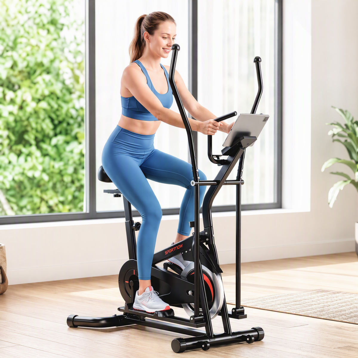 SPORTNOW 2 in 1 Elliptical Cross Trainer for Home with Adjustable Resistance & Seat, Bluetooth App, LCD Monitor, Wheels