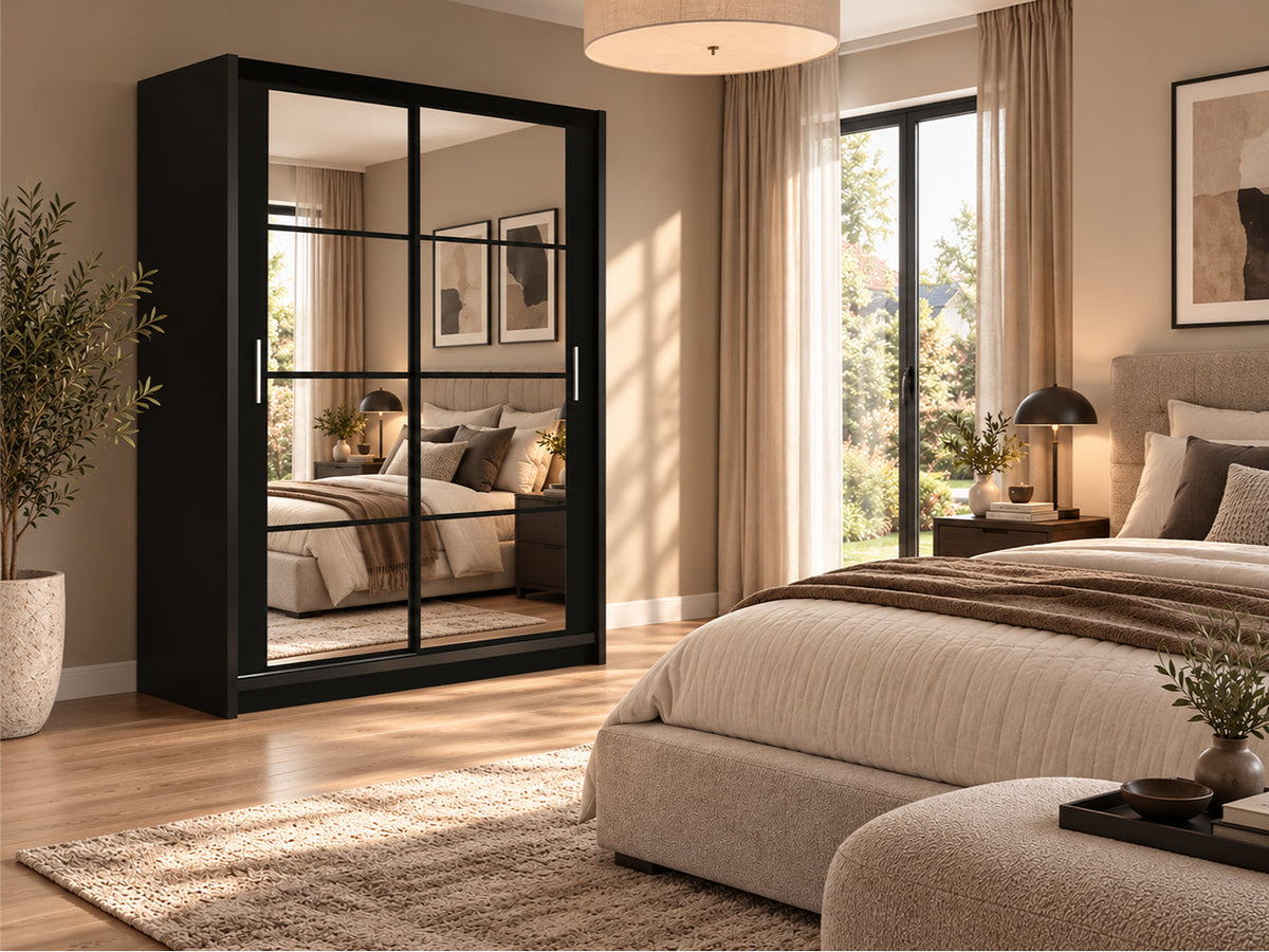 Dakota Mirrored Sliding Door Wardrobe 160cm (DAKOTA-160) in Black Matt