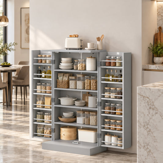 HOMCOM Kitchen Cupboard, Freestanding Multi-Storage Kitchen Pantry Cabinet with Adjustable Shelves, Grey
