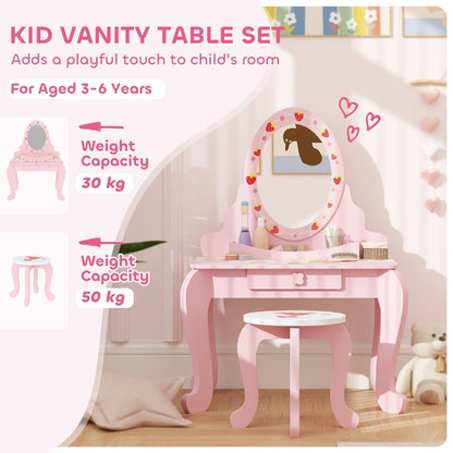 AIYAPLAY Kids Dressing Table Set, Vanity Table with Stool, Mirror, Drawer, Desktop, Storage, Strawberry-Theme, Pink