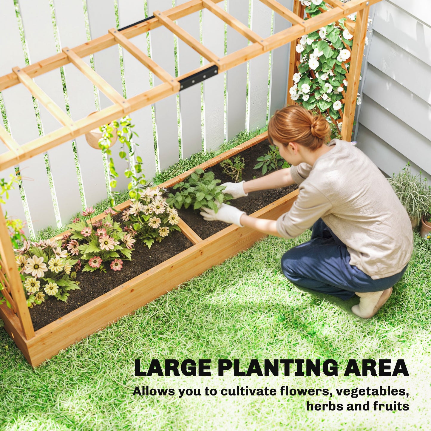 Outsunny حوض زراعة مرتفع مع تعريشة، حوض زراعة خشبي مرتفع للحديقة مع سقف معلق وفتحات تصريف، صندوق زراعة خارجي
