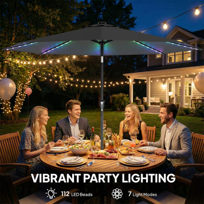 مظلة فناء بقطر 3 متر من Outsunny مع 112 مصباح LED يعمل بالطاقة الشمسية، مظلة فناء بمقبض تدوير، رمادي