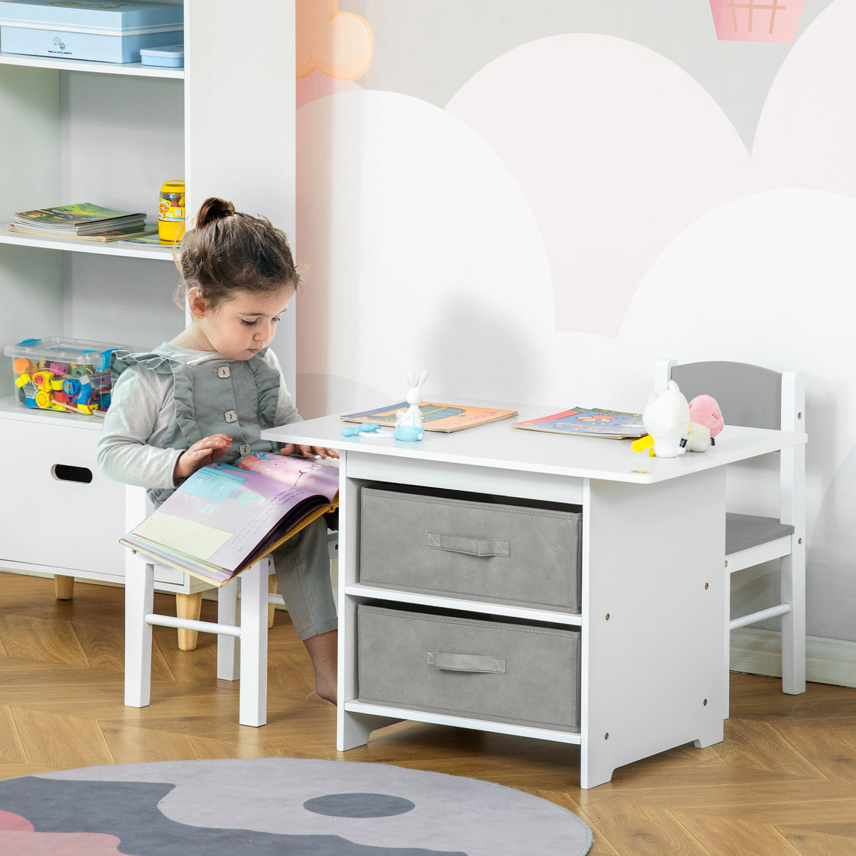 HOMCOM 3 Pcs Kids Table & Chairs Set in Old White