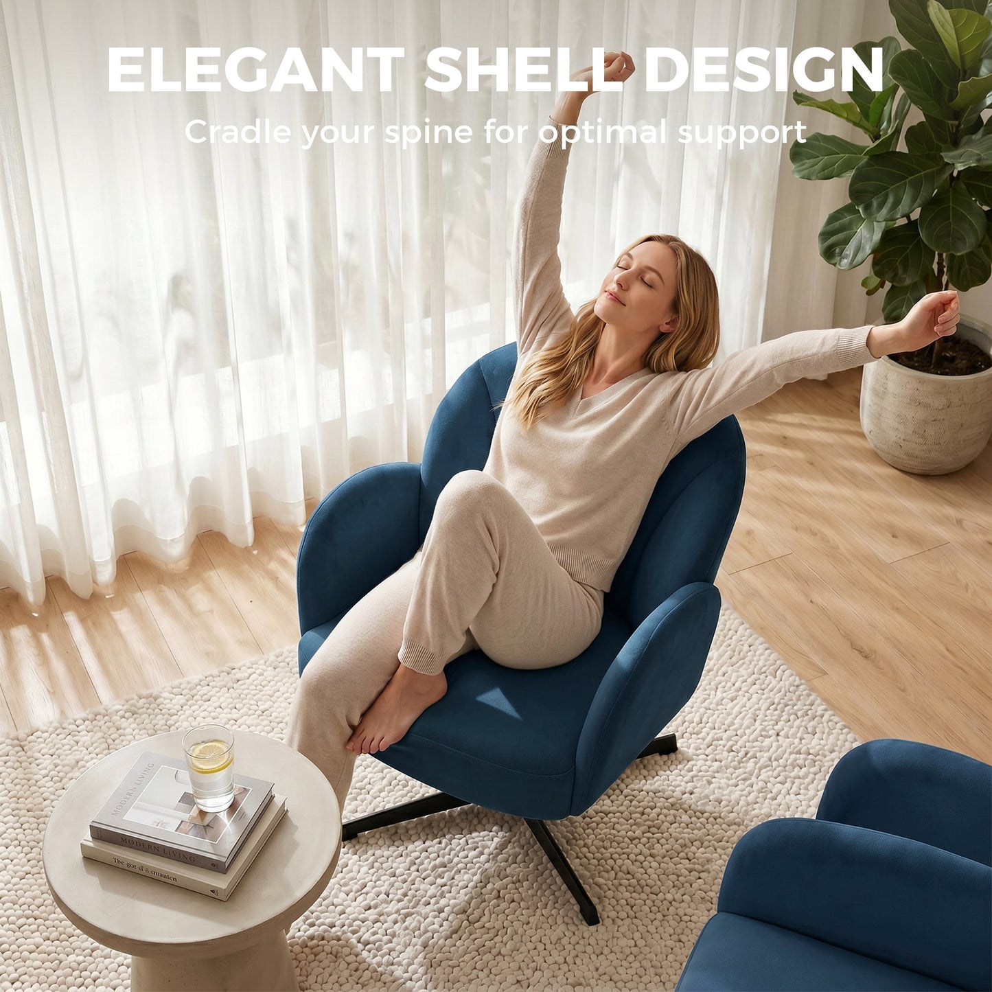 HOMCOM Swivel Accent Chair, Shell-Shaped Armchair with Spring Cushion, Metal Base, Dark Blue