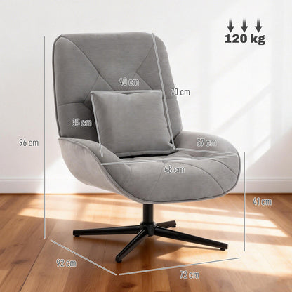 HOMCOM Accent Chair, Chenille Upholstered Swivel Armchair with Lumbar Pillow, High Back, Deep Seat and Metal Legs, Light Grey