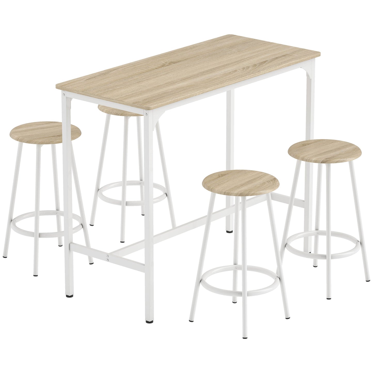 HOMCOM 5 Piece Bar Table Set for 4 with Stools, Metal Frame, Footrest for Kitchen Natural Wood
