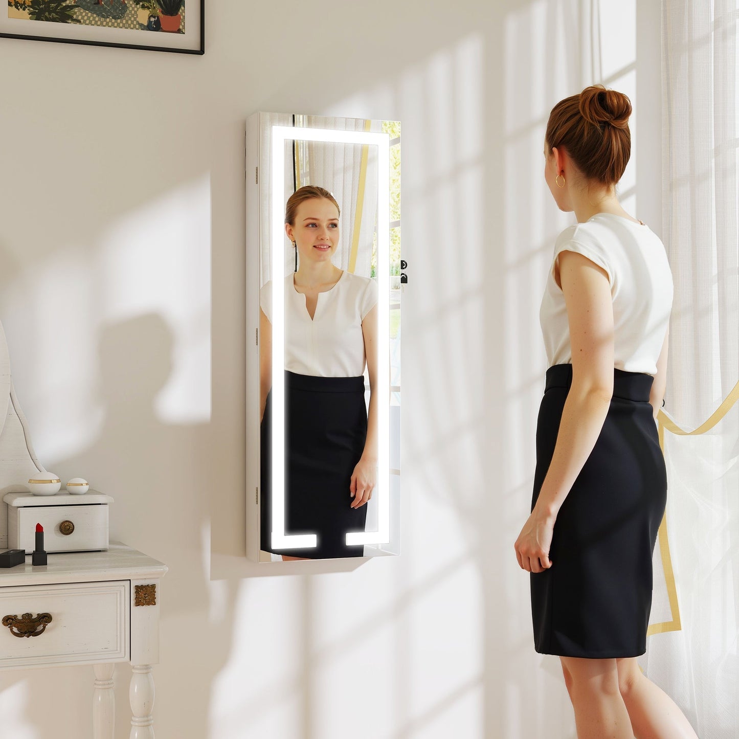 HOMCOM LED Mirror Jewellery Cabinet, Wall Mounted Full Length Mirror with Storage, Lockable Jewellery Organiser, White