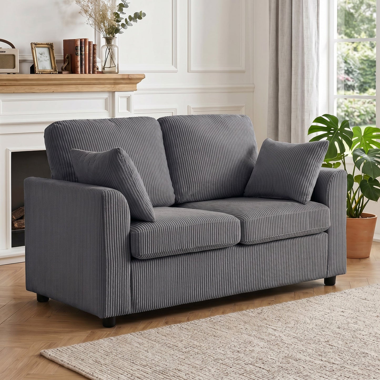 HOMCOM 2 Seater Sofa, Corduroy Small Couch with Spring Cushion, Wide and Deep Seat, Dark Grey