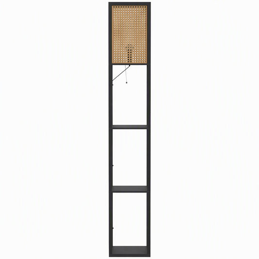 HOMCOM Floor Lamp with Shelves, Rattan Shade and Pull-Chain Switch, 3-Tier Storage Shelves for Bedroom Living Room, Black