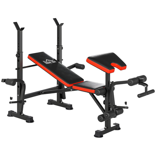 HOMCOM Adjustable Weight Bench with Leg Extension, Barbell Rack, Preacher Curl Pad, Butterfly, Multi-Function Home Gym Bench for Strength Training, Red