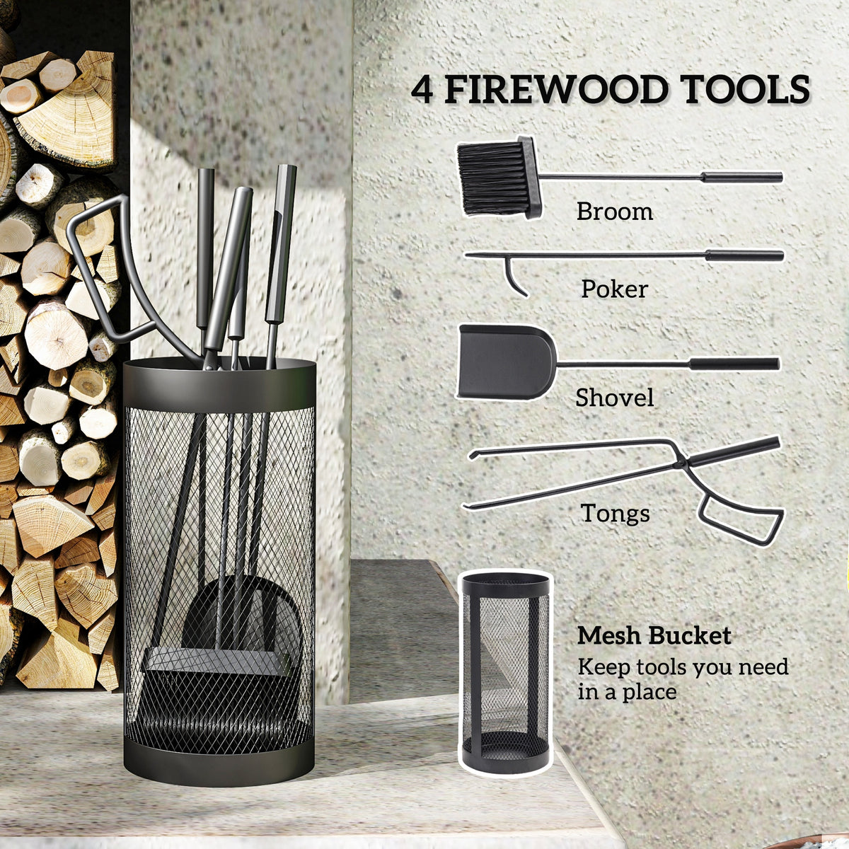 Outsunny 5-Piece Fireplace Tools Set with Mesh Basket in Black