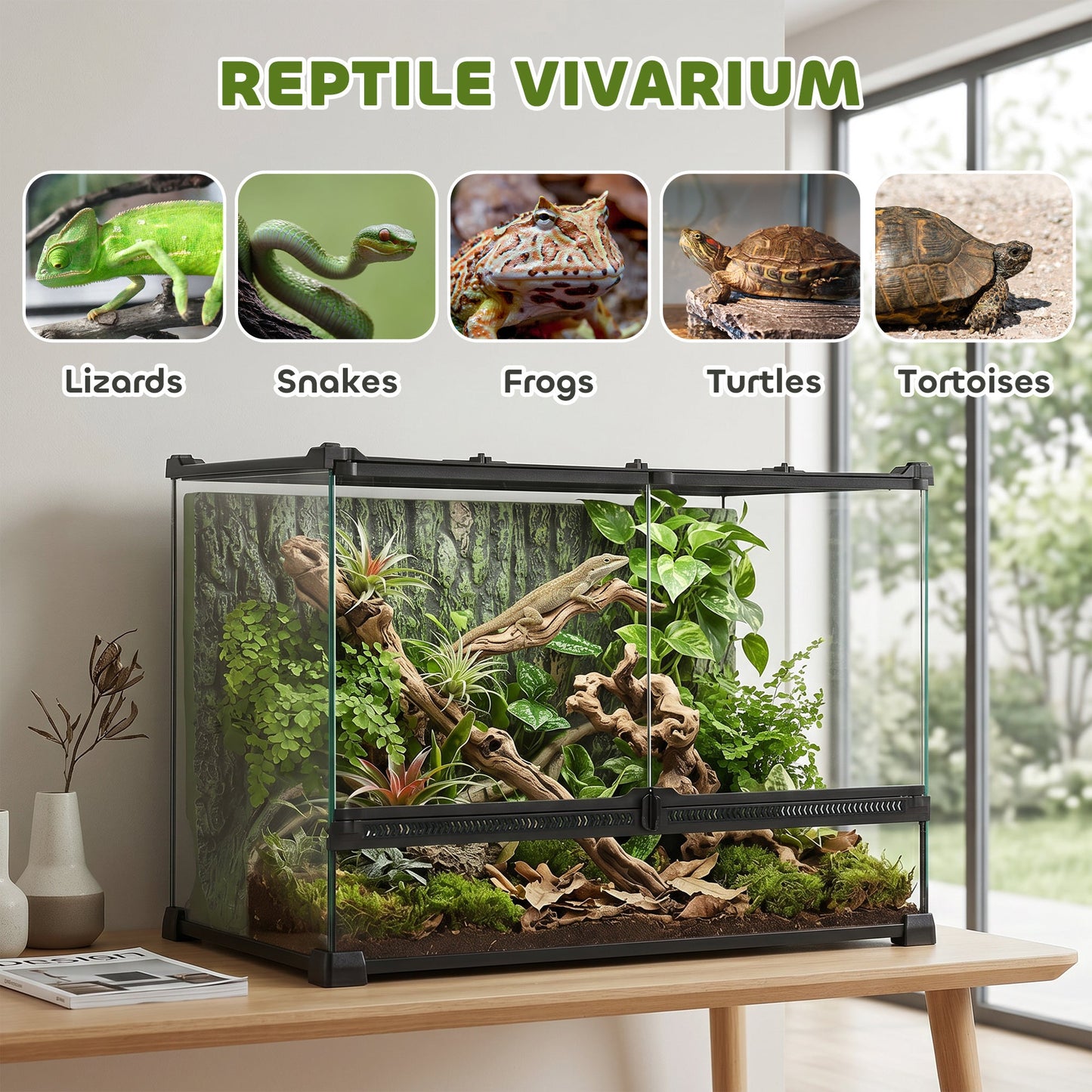 PawHut Reptile Glass Terrarium with Stone Background, Front Ventilation, Escape-Proof Knob Lock, 50 x 30 x 35 cm, Black
