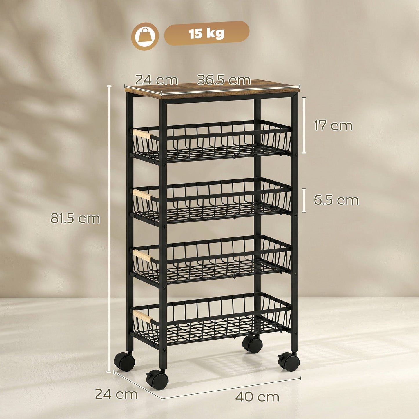 HOMCOM Metal Kitchen Trolley, 4-Tier Storage Trolley with Pull-Out Baskets and 4 Swivel Casters for Kitchen, Rustic Brown