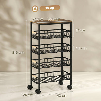 HOMCOM Metal Kitchen Trolley, 4-Tier Storage Trolley with Pull-Out Baskets and 4 Swivel Casters for Kitchen, Rustic Brown