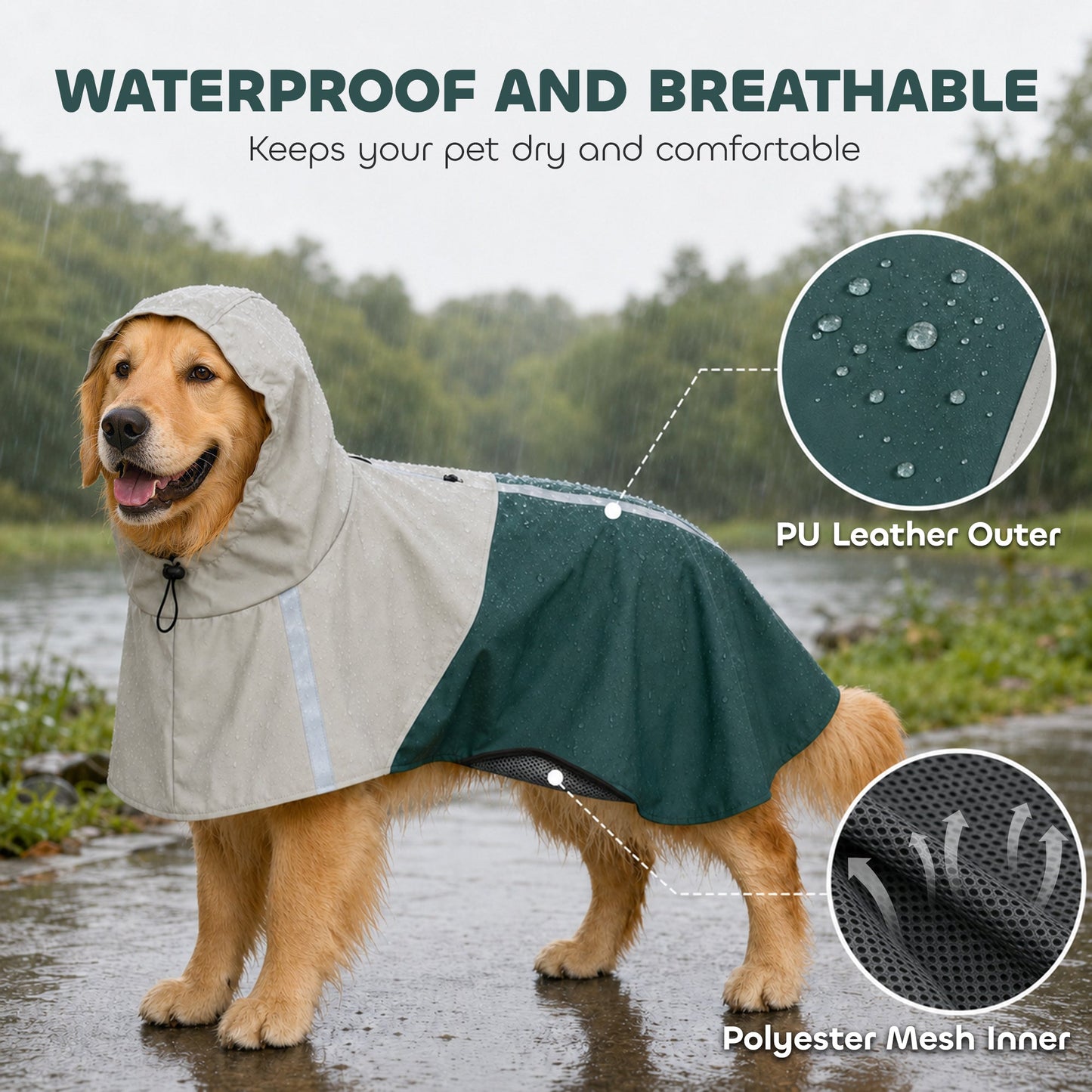 PawHut Dog Raincoat with Hood, Waterproof & Breathable Rain Jacket with Leash Hole, for Large Dogs, Green, L