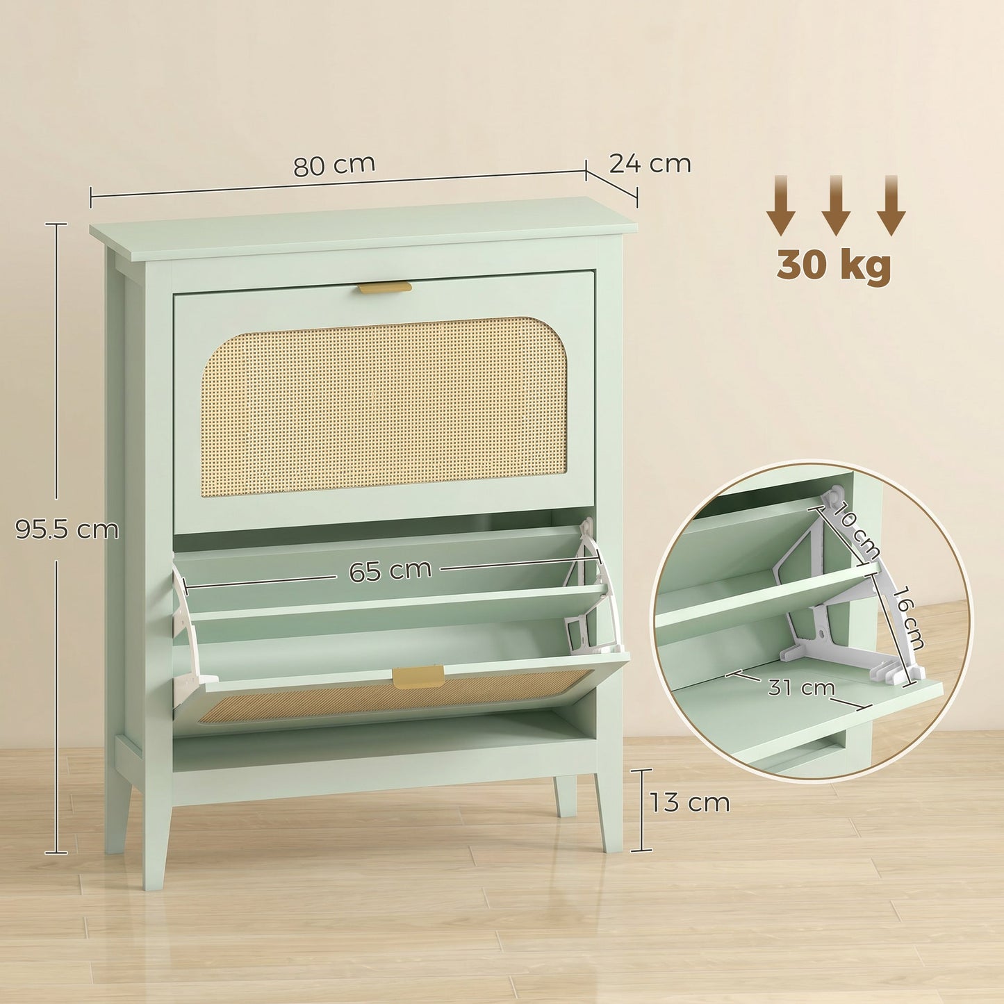 HOMCOM Narrow Shoe Cabinet, Boho Slim Shoe Storage Cabinet with 2 Flip Drawers, Holds 14 Pairs, Light Green