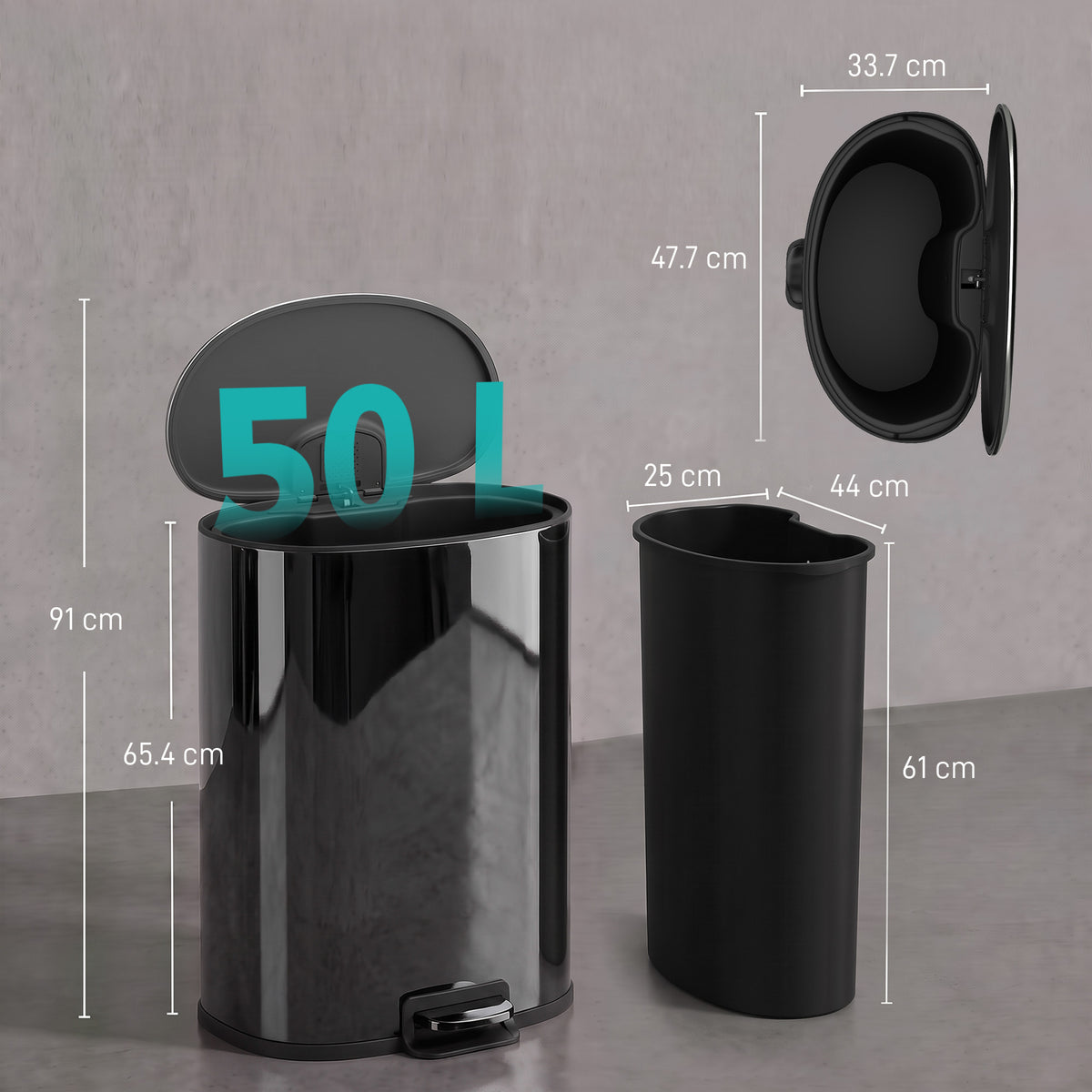 HOMCOM 50L Kitchen Pedal Bin, Rubbish Bin with Soft-Close and Stay-Open Lid, Removable Inner Bucket, Black