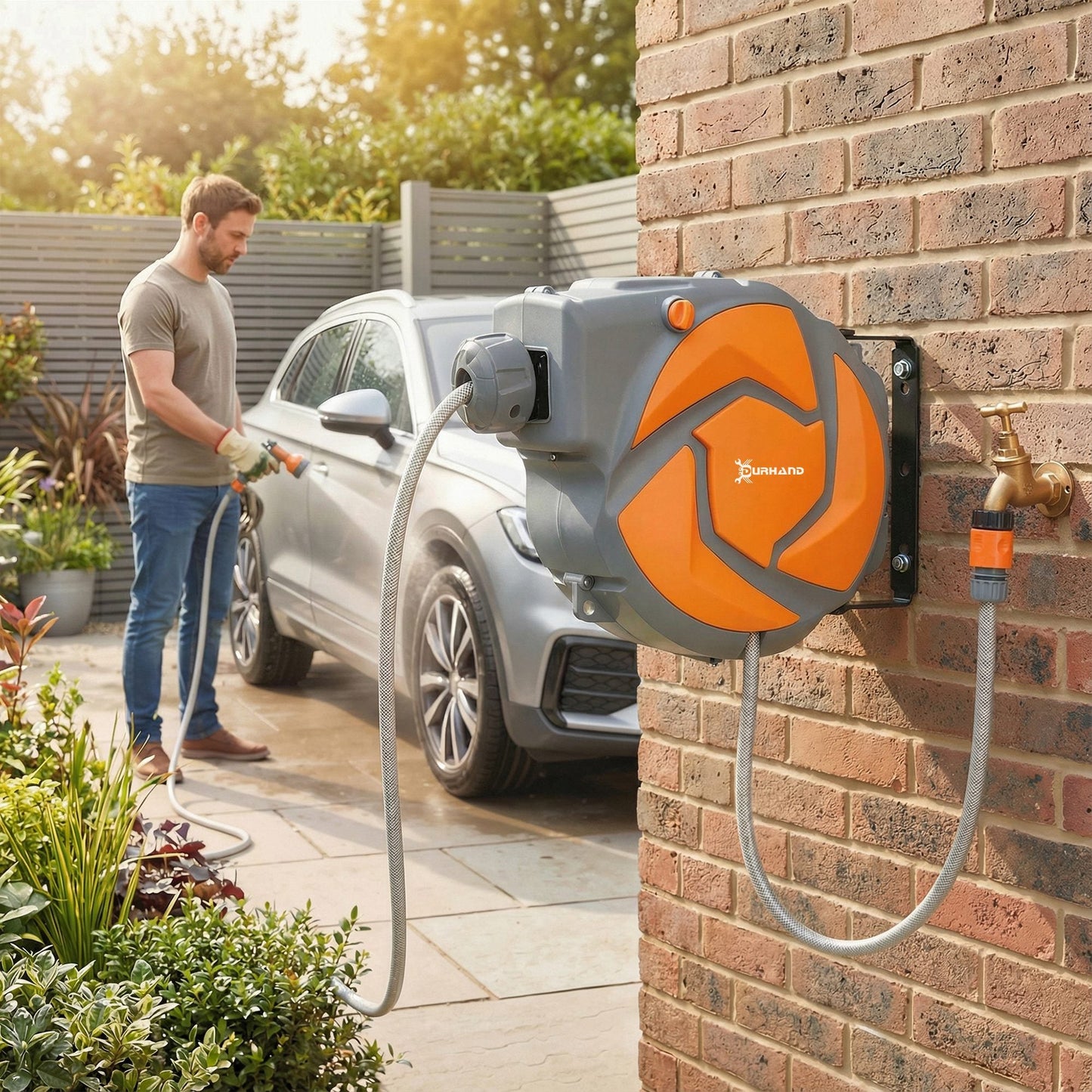 DURHAND 10m Garden Hose Reel Wall Mounted Auto Rewind with 7 Patterns Spray Nozzle, Includes Wall Fixings, Orange