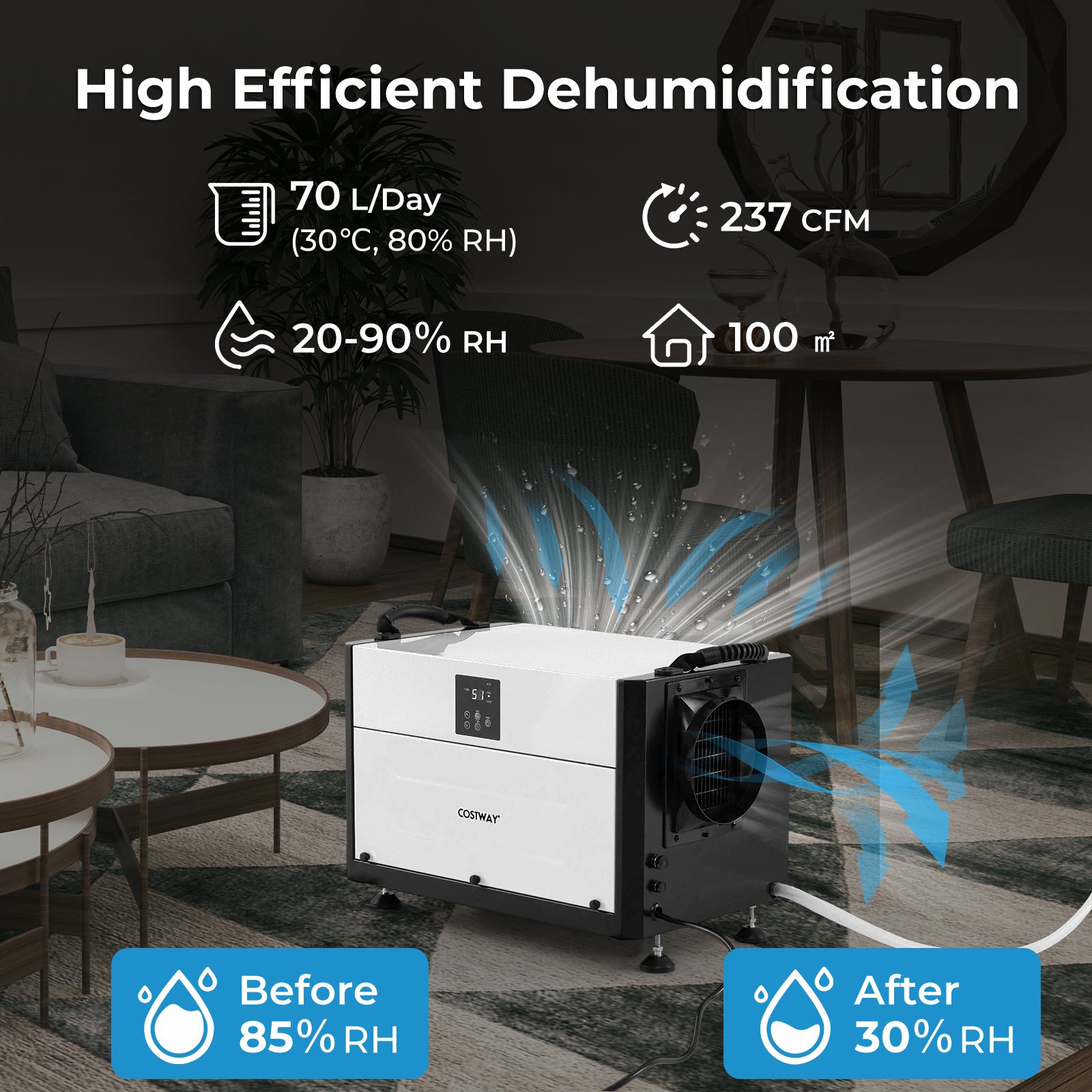 50/70L/Day Crawl Space Dehumidifier with 3 Modes and 24H Timer-Black-70L