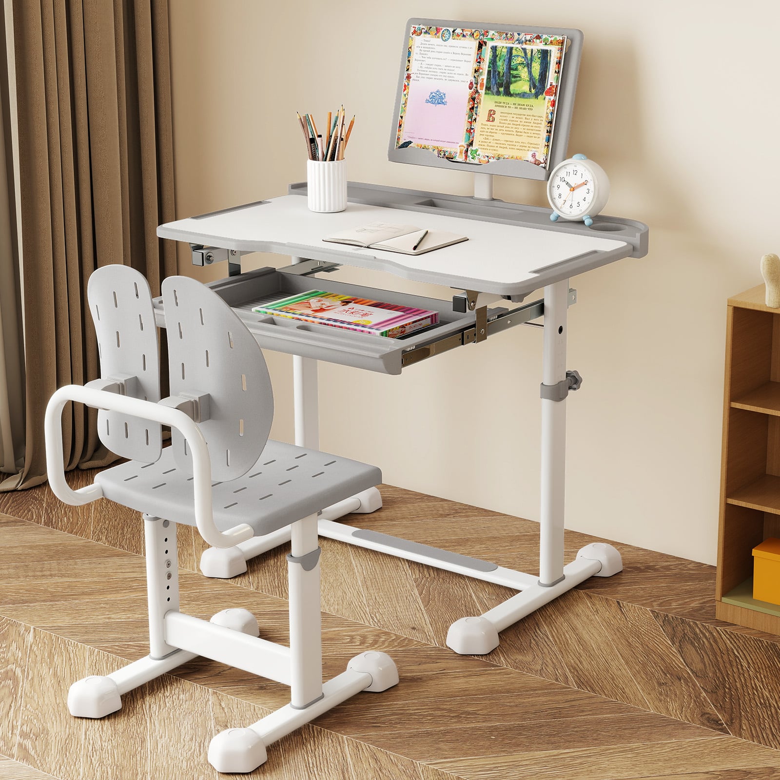 Height-Adjustable Kid's Study Desk and Chair Set with Tilt Desktop and Footrest Bar-Grey