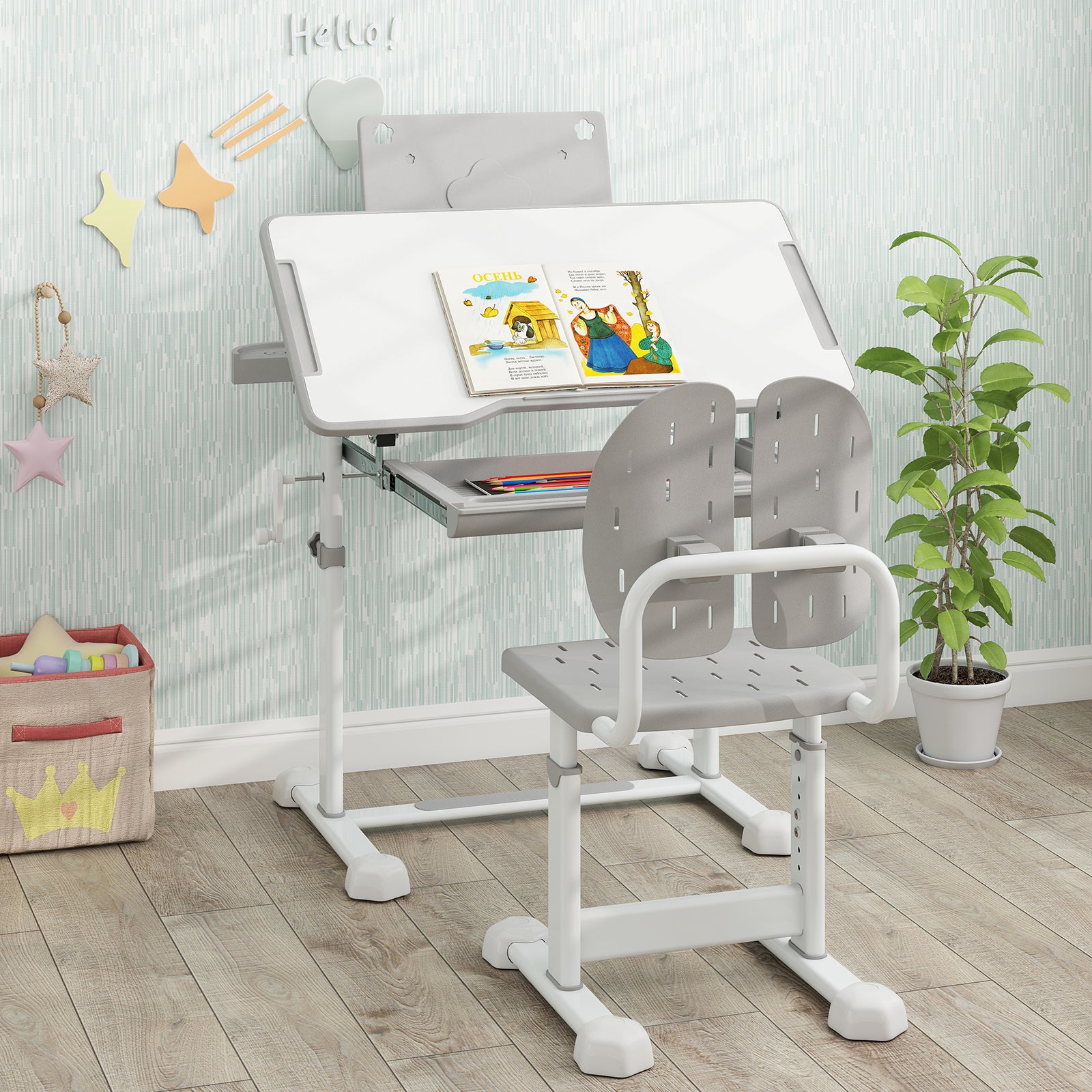 Height-Adjustable Kid's Study Desk and Chair Set with Tilt Desktop and Footrest Bar-Grey