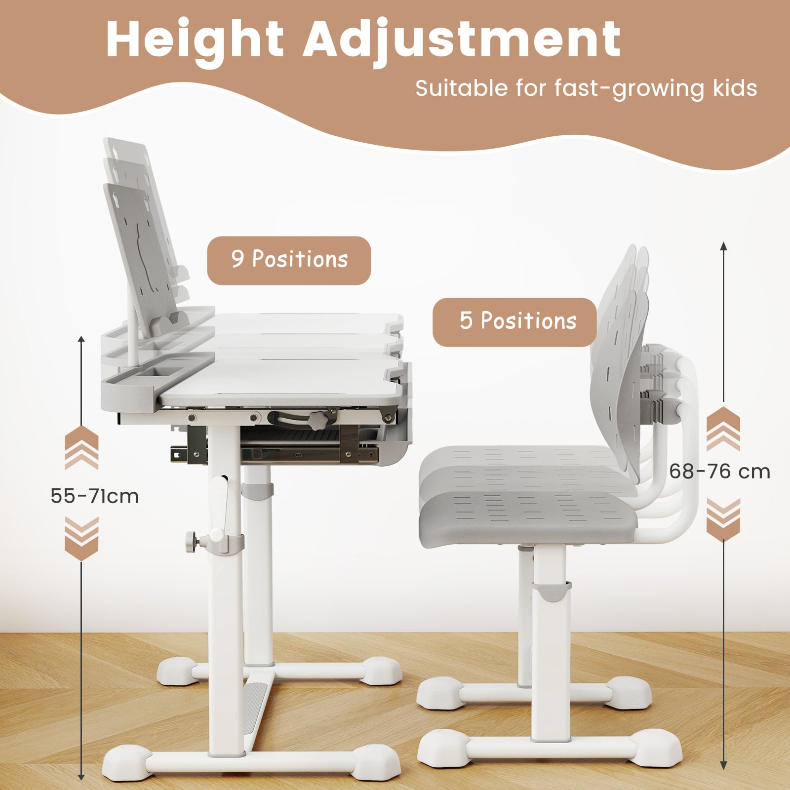 Height-Adjustable Kid's Study Desk and Chair Set with Tilt Desktop and Footrest Bar-Grey
