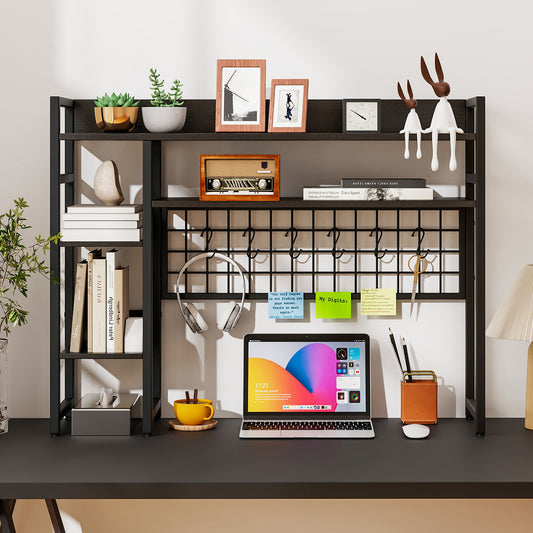 Desktop Bookshelf with 4 Open Storage Shelves for Computer Monitor Up to 32 Inch-Black