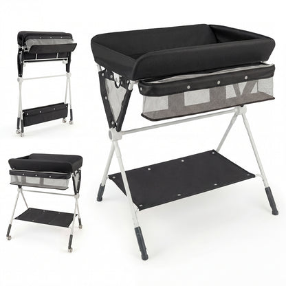 Diaper Changing Station with 3 Position Adjustable Level and 4 Universal Wheels-Black