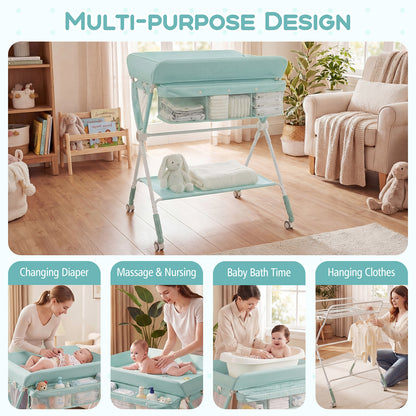 Diaper Changing Station with 3 Position Adjustable Level and 4 Universal Wheels-Green
