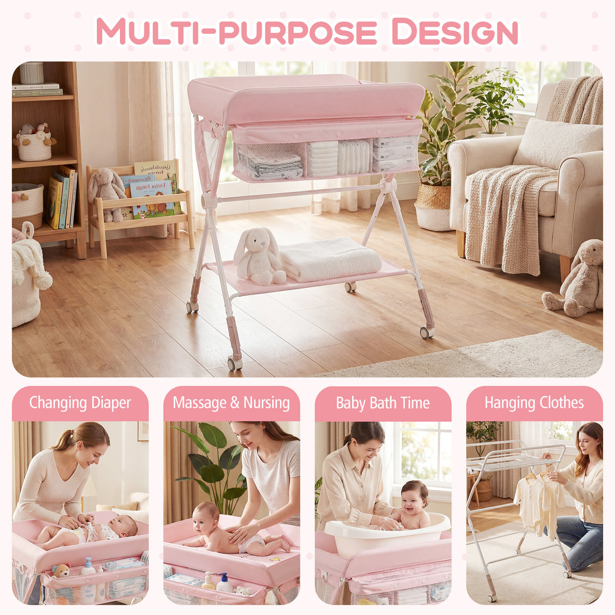 Diaper Changing Station with 3 Position Adjustable Level and 4 Universal Wheels-Pink