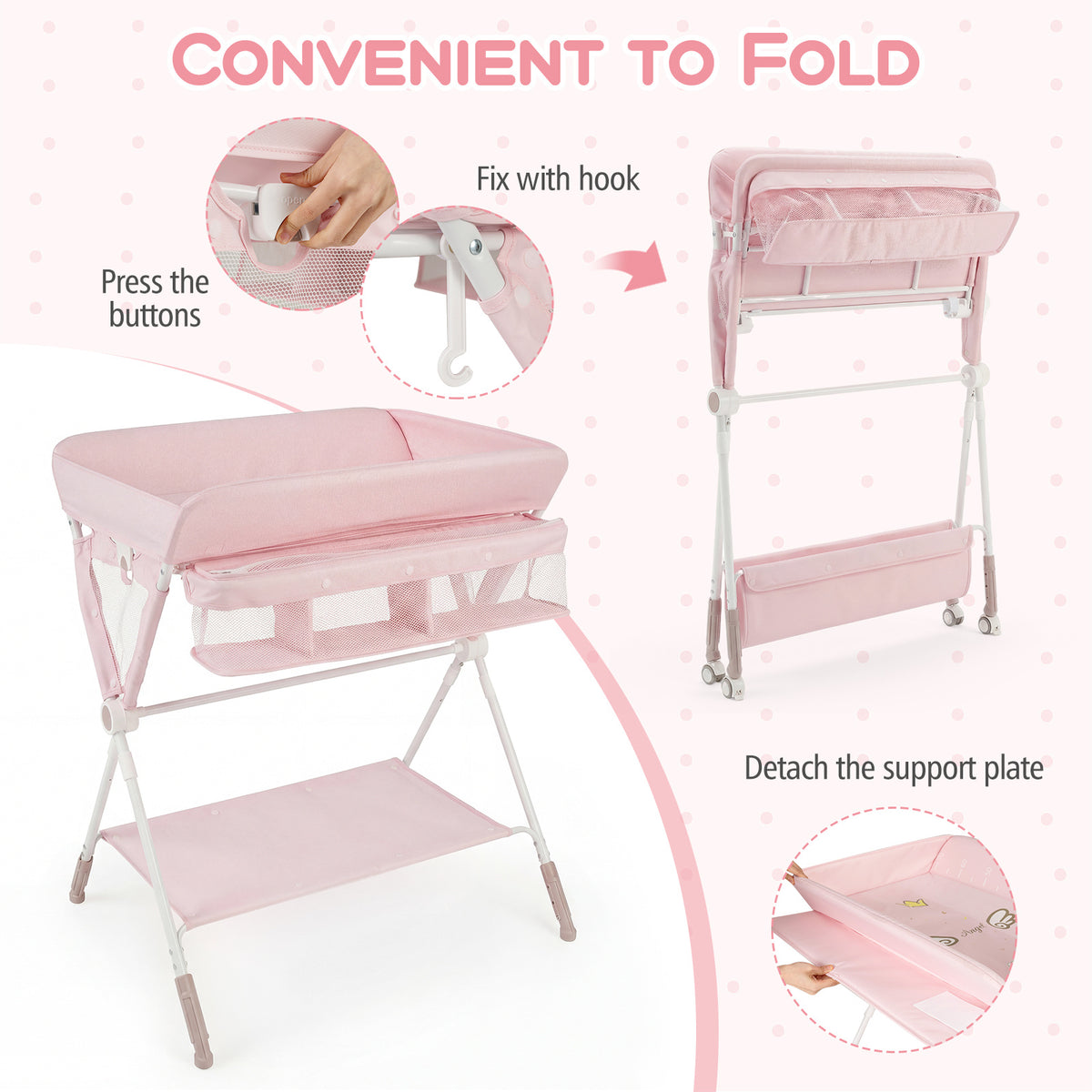 Diaper Changing Station with 3 Position Adjustable Level and 4 Universal Wheels-Pink