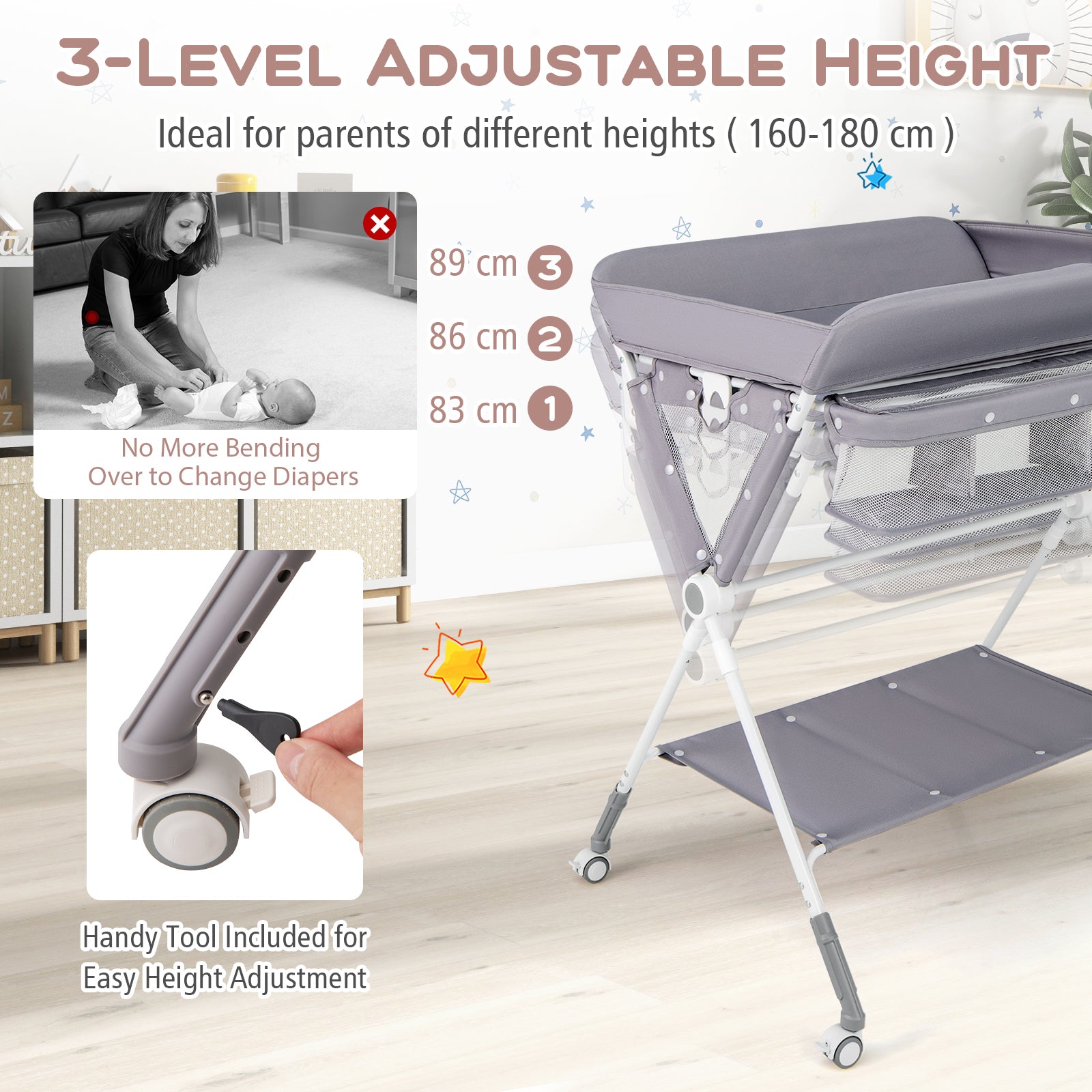 Diaper Changing Station with 3 Position Adjustable Level and 4 Universal Wheels-Grey