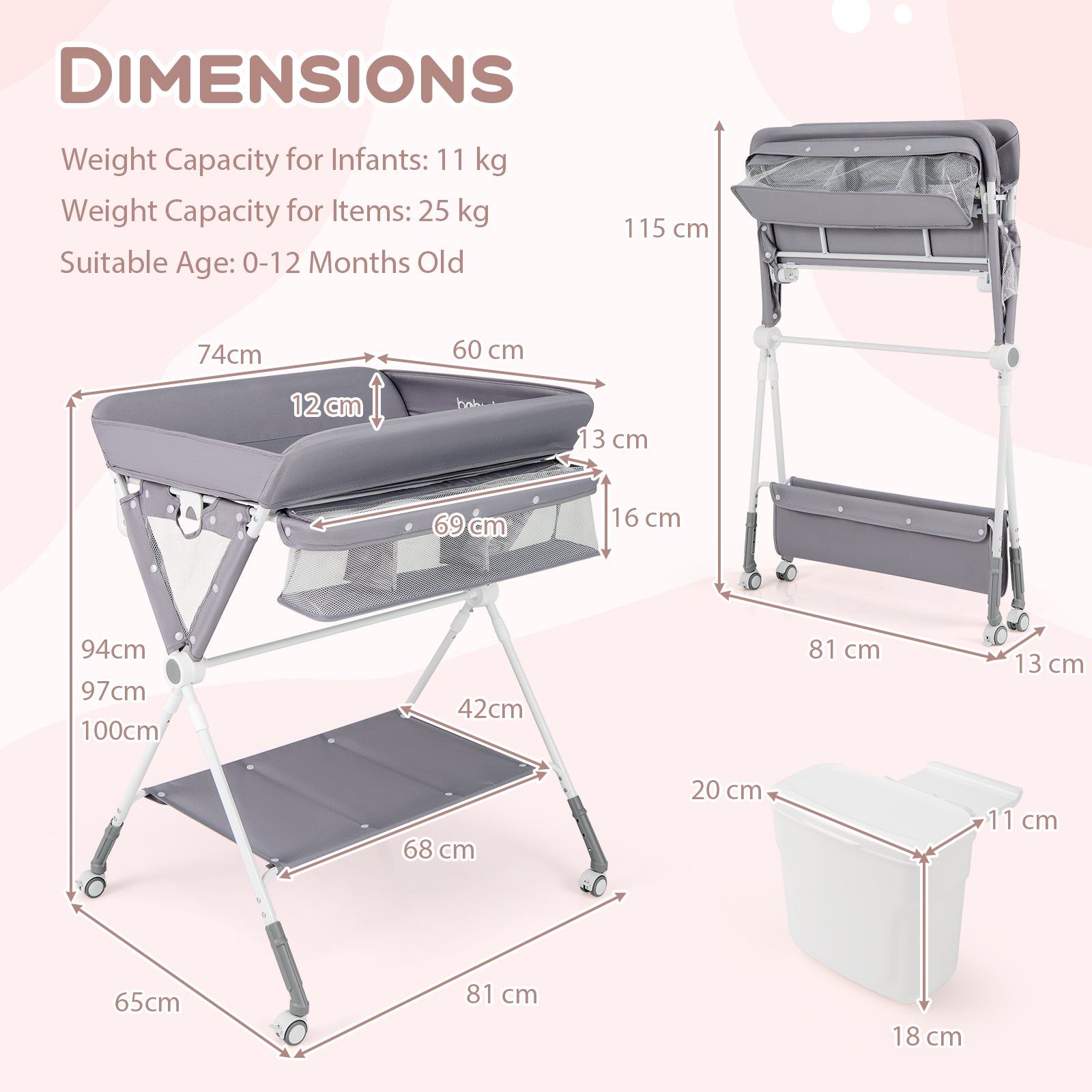 Diaper Changing Station with 3 Position Adjustable Level and 4 Universal Wheels-Grey