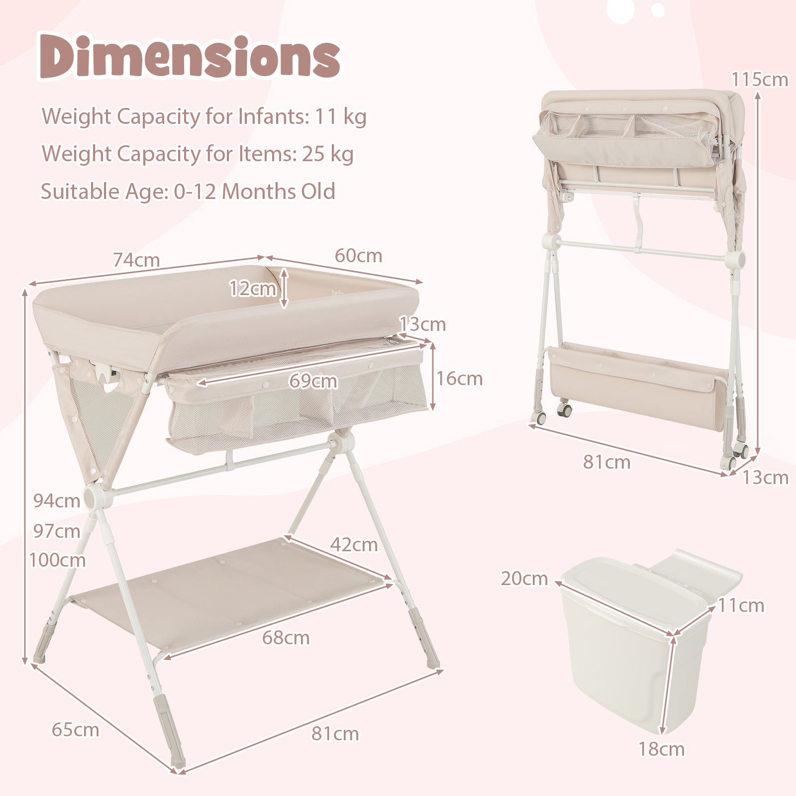 Diaper Changing Station with 3 Position Adjustable Level and 4 Universal Wheels-Natural