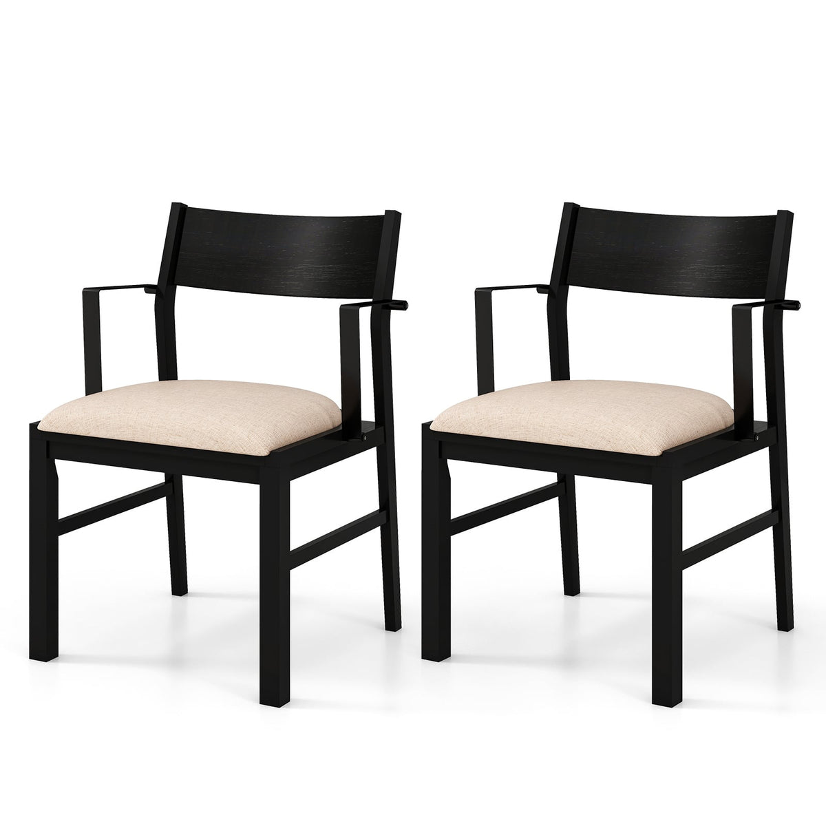 Dining Chair with Arms Set of 2 with Contoured Backrest and Padded Seat and Rubber Wood Legs- Black & Cream