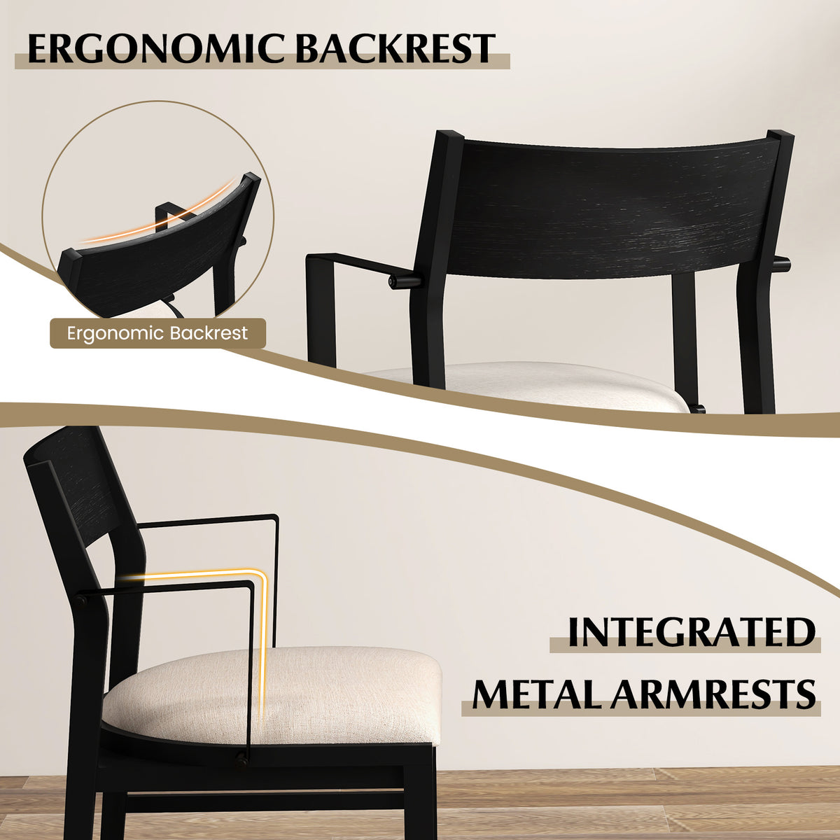 Dining Chair with Arms Set of 2 with Contoured Backrest and Padded Seat and Rubber Wood Legs-White