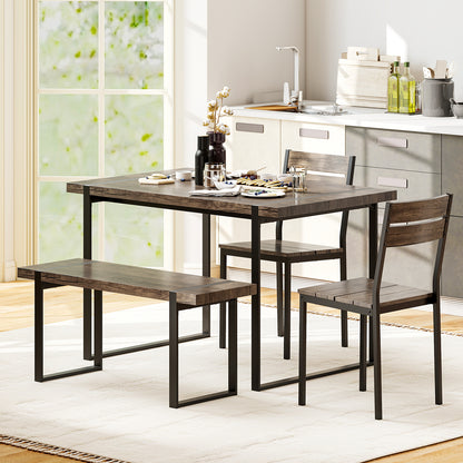 4-Piece Wooden Rectangular Dining Table Set with 1 Bench and 2 Armless Chairs for 4-Grey