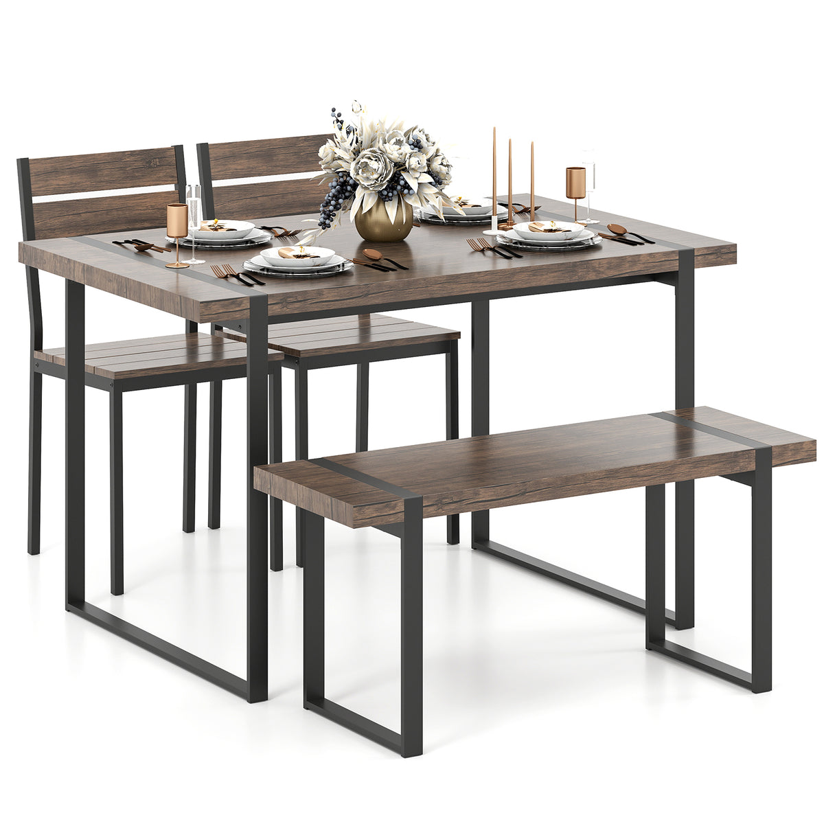 4-Piece Wooden Rectangular Dining Table Set with 1 Bench and 2 Armless Chairs for 4-Grey